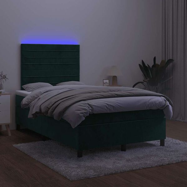 vidaXL Box spring postelja z vzmetnico LED tem. zelena 120x200cm žamet