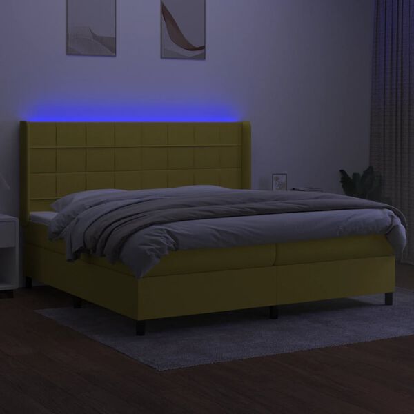 vidaXL Box spring postelja z vzmetnico LED zelena 200x200 cm blago