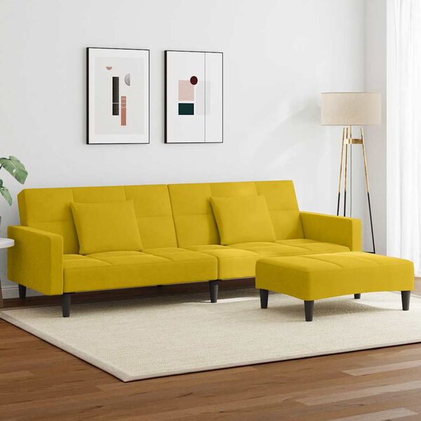 vidaXL Kavč dvosed s stolčkom za noge rumen žamet