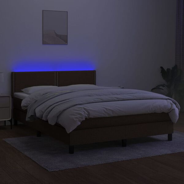 vidaXL Box spring postelja z vzmetnico LED temno rjava 140x190cm blago