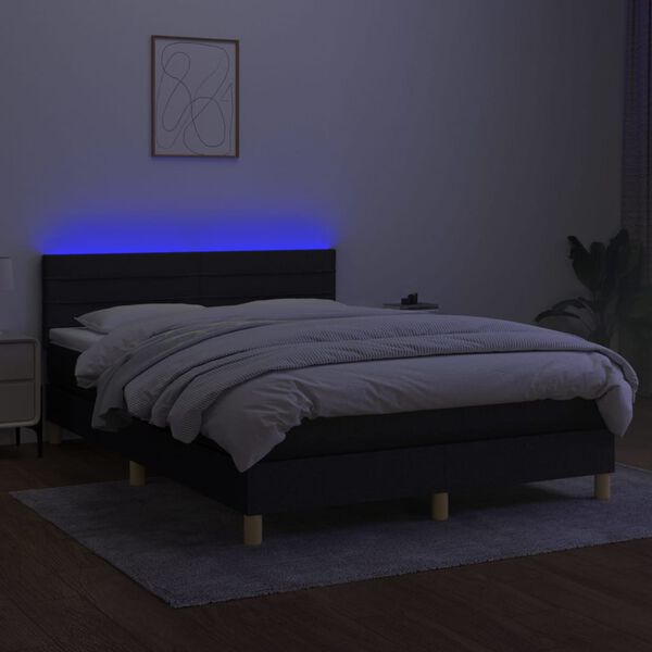 vidaXL Box spring postelja z vzmetnico LED črna 140x190 cm blago
