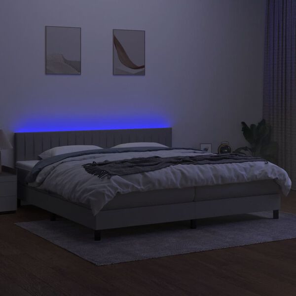 vidaXL Box spring postelja z vzmetnico LED sv. siva 200x200 cm blago
