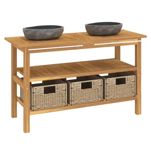 vidaXL Kopalniška omarica iz tikovine z umivalnikoma rečni kamen