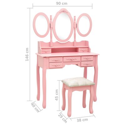 vidaXL Mizica za ličenje s stolčkom in tridelnim ogledalom roza