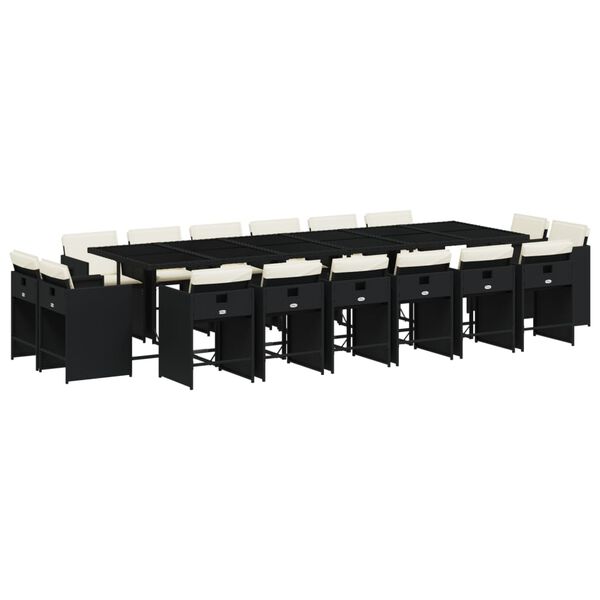 vidaXL Vrtna jedilna garnitura z blazinami 17-delna črn poli ratan