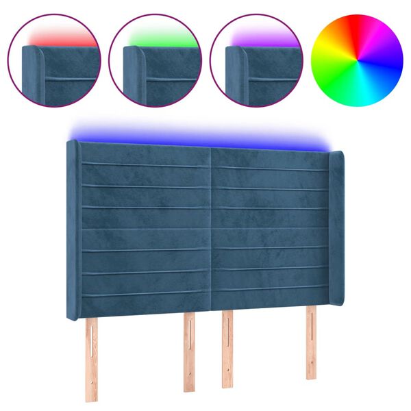 vidaXL LED posteljno vzglavje temno modro 147x16x118/128 cm žamet