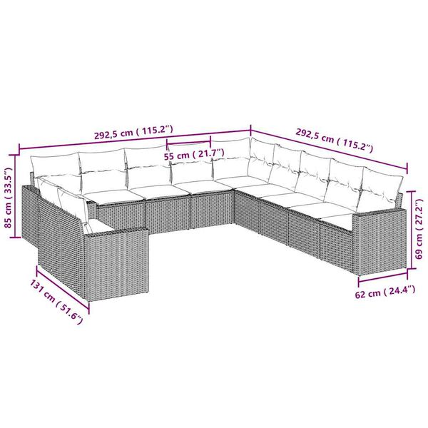 vidaXL Vrtna sedežna garnitura 11-delna z blazinami sv. siv poli ratan