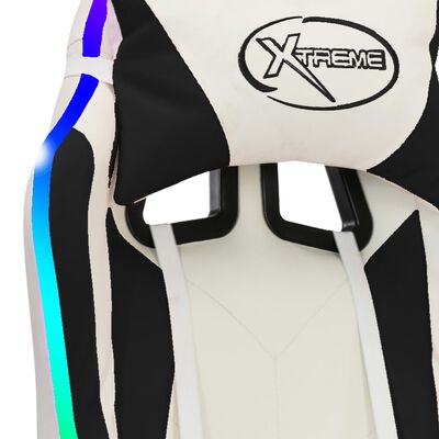 vidaXL Racing stol z RGB LED lučkami belo in črno umetno usnje