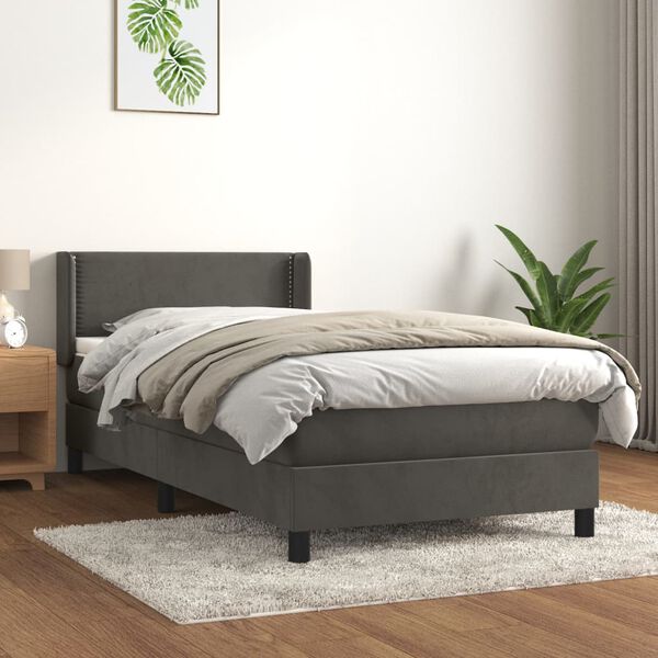 vidaXL Box spring postelja z vzmetnico temno siva 90x200 cm žamet