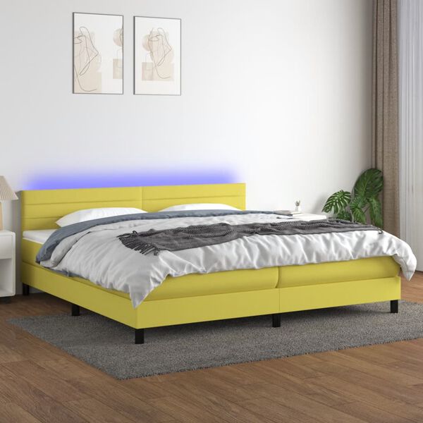 vidaXL Box spring postelja z vzmetnico LED zelena 200x200 cm blago