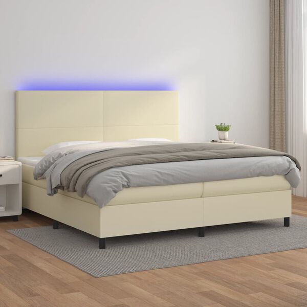 vidaXL Box spring postelja z vzmetnico LED krem 200x200cm umetno usnje