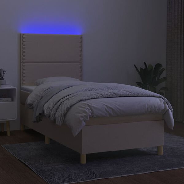 vidaXL Box spring postelja z vzmetnico LED krem 90x190 cm blago