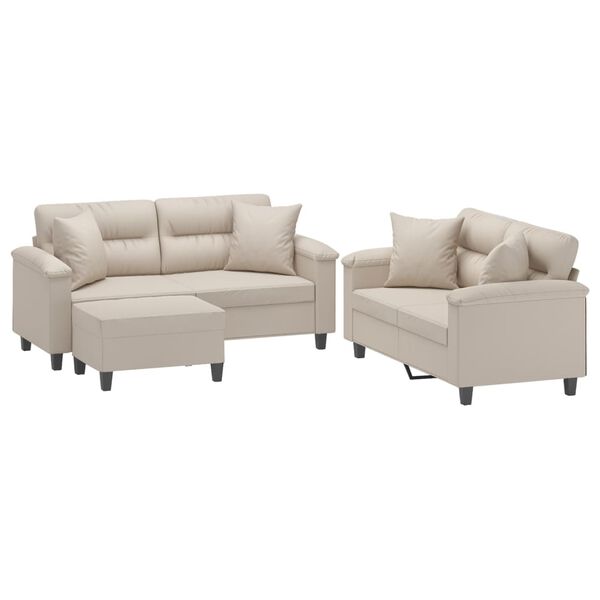 vidaXL Sedežna garnitura z blazinami 3-delna krem blago iz mikrovlaken