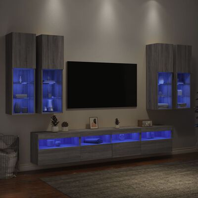vidaXL Stenske TV omarice z LED lučkami 7 kosov siva sonoma
