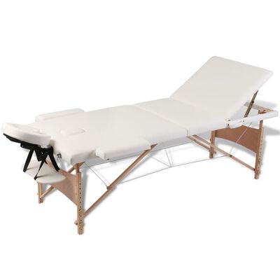 Krem bela zložljiva masažna miza s 3 območji in lesenim okvirjem