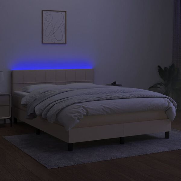 vidaXL Box spring postelja z vzmetnico LED krem 140x190 cm blago