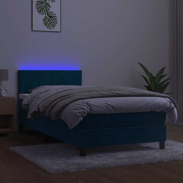 vidaXL Box spring postelja z vzmetnico LED temno modra 90x190 cm žamet