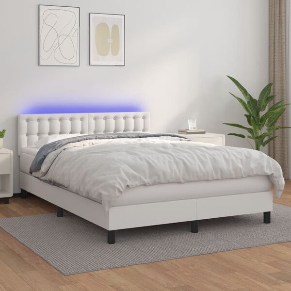 vidaXL Box spring postelja z vzmetnico LED bela 140x190cm umetno usnje