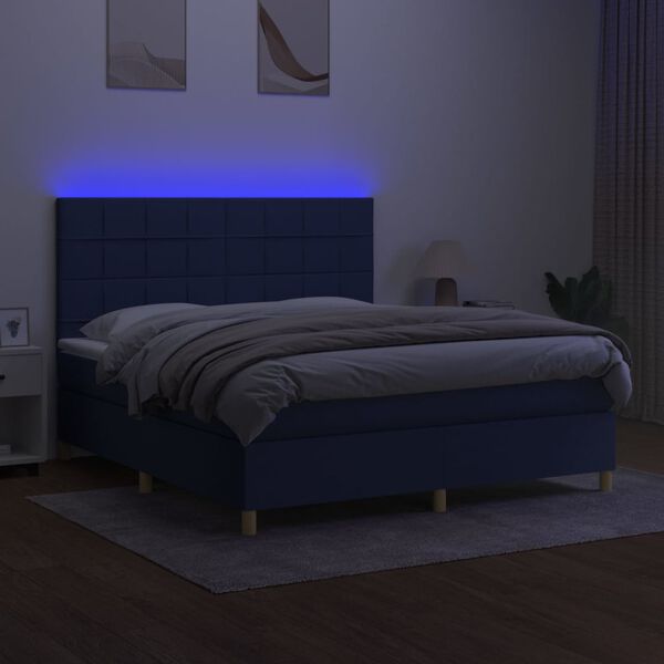 vidaXL Box spring postelja z vzmetnico LED modra 180x200 cm blago