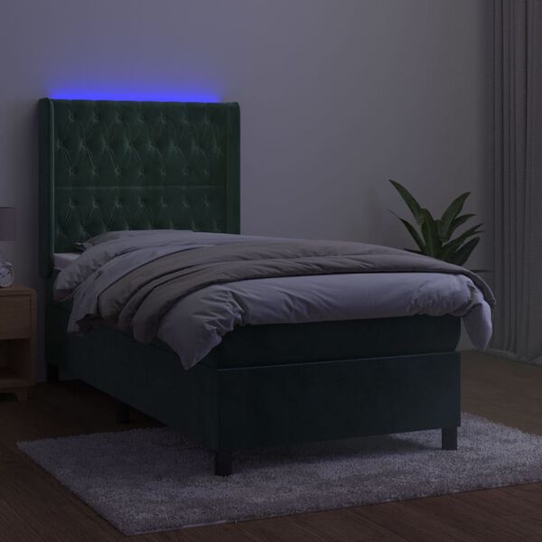 vidaXL Box spring postelja z vzmetnico LED tem. zelena 90x190 cm žamet