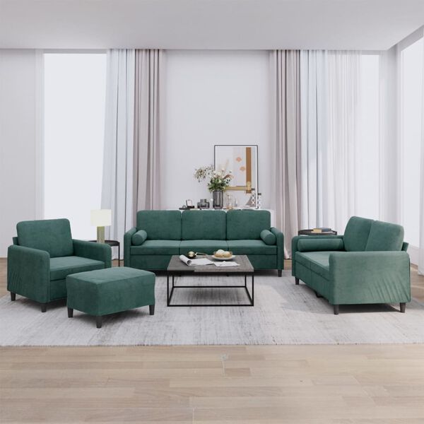 vidaXL Sedežna garnitura 4-delna z vzglavniki temno zelen žamet