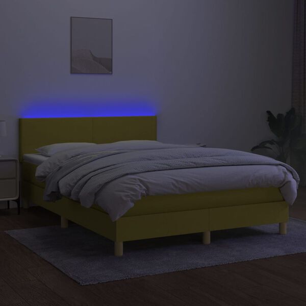 vidaXL Box spring postelja z vzmetnico LED zelena 140x200 cm blago