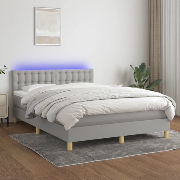 vidaXL Box spring postelja z vzmetnico LED sv. siva 140x200 cm blago