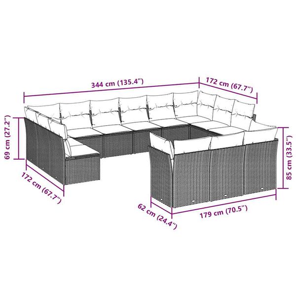 vidaXL Vrtna sedežna garnitura 13-delna z blazinami siv poli ratan