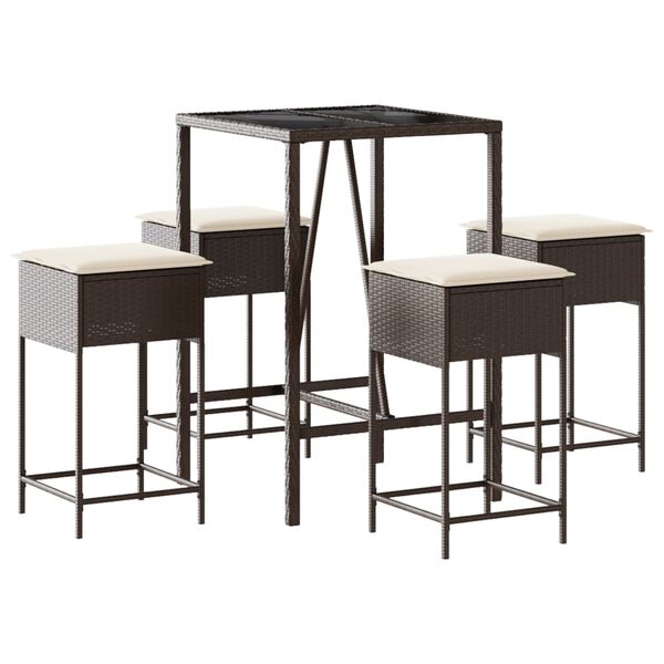 vidaXL Vrtna barska garnitura 5-delna z blazinami rjav poli ratan