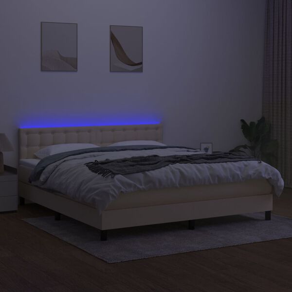 vidaXL Box spring postelja z vzmetnico LED krem 180x200 cm blago