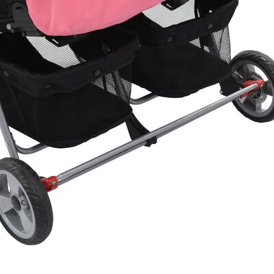 vidaXL Otroški voziček za dvojčke roza in črn jeklen