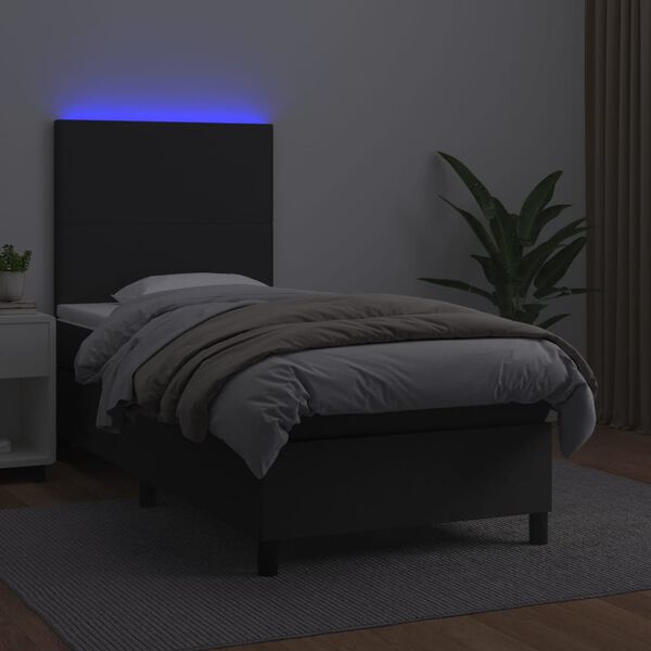 vidaXL Box spring postelja z vzmetnico LED črn 100x200 cm umetno usnje