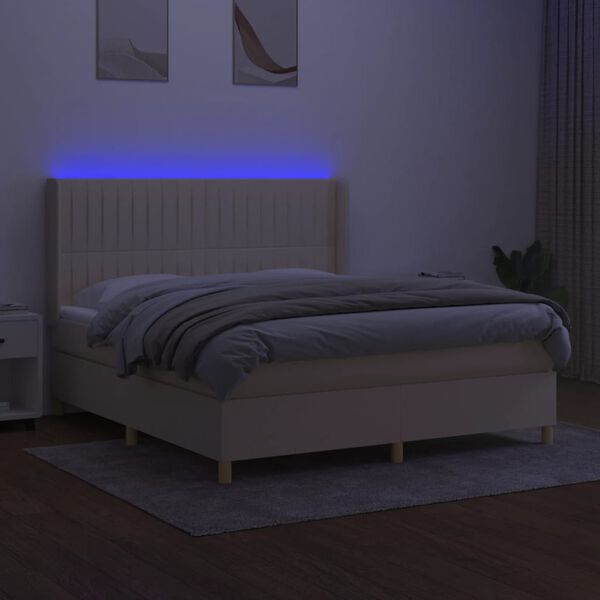 vidaXL Box spring postelja z vzmetnico LED krem 180x200 cm blago