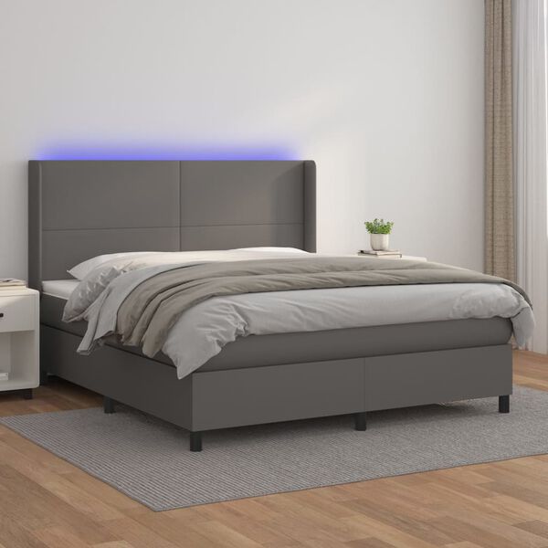 vidaXL Box spring postelja z vzmetnico LED siva 180x200cm umetno usnje