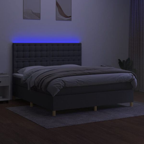 vidaXL Box spring postelja z vzmetnico LED temno siva 180x200 cm blago