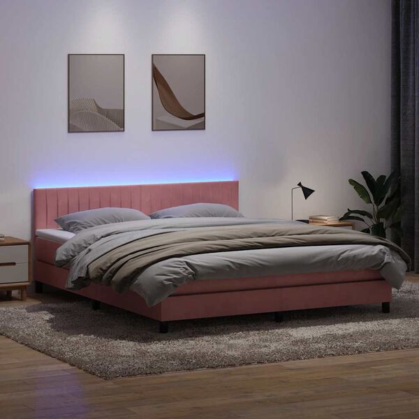 vidaXL Box spring postelja z vzmetnico LED roza 180x210 cm žamet