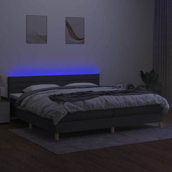 vidaXL Box spring postelja z vzmetnico LED temno siva 200x200 cm blago