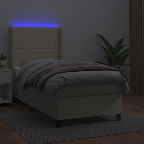 vidaXL Box spring postelja z vzmetnico LED krem 80x200 cm umetno usnje