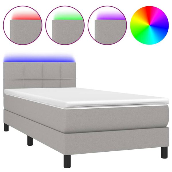 vidaXL Box spring postelja z vzmetnico LED svetlo siva 90x190 cm blago