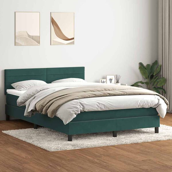 vidaXL Box spring postelja z vzmetnico temno zelena 140x210 cm žamet