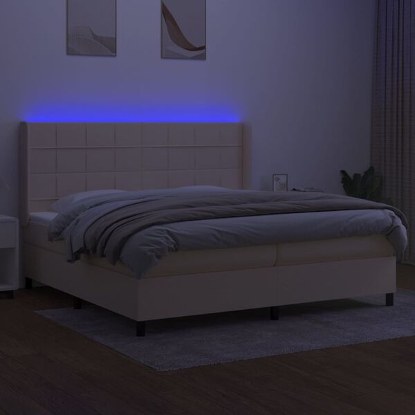 vidaXL Box spring postelja z vzmetnico LED krem 200x200 cm blago