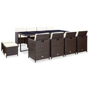 vidaXL Zunanja jedilna garnitura z blazinami 13-delna poli ratan rjava