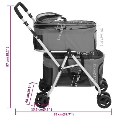 vidaXL Zložljiv pasji voziček 2-slojni siv 80x46x98 cm Oxford blago