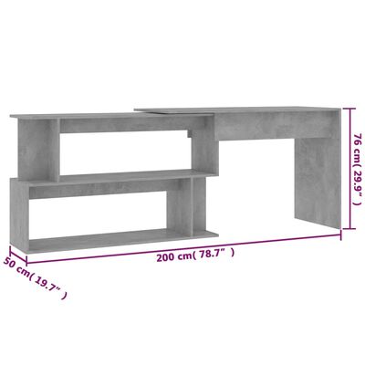 vidaXL Kotna pisalna miza betonsko siva 200x50x76 cm iverna plošča