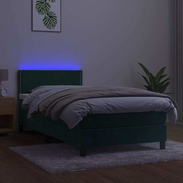 vidaXL Box spring postelja z vzmetnico LED tem. zelena 100x200cm žamet