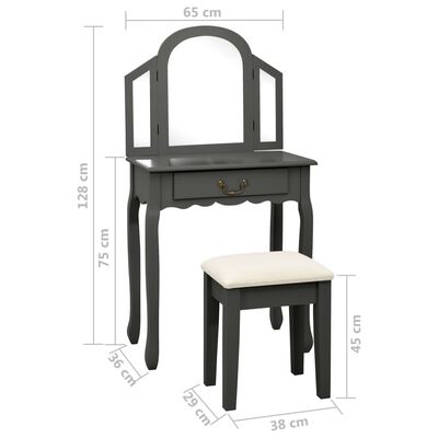 vidaXL Mizica za ličenje s stolčkom siva 65x36x128cm pavlovnija in MDF