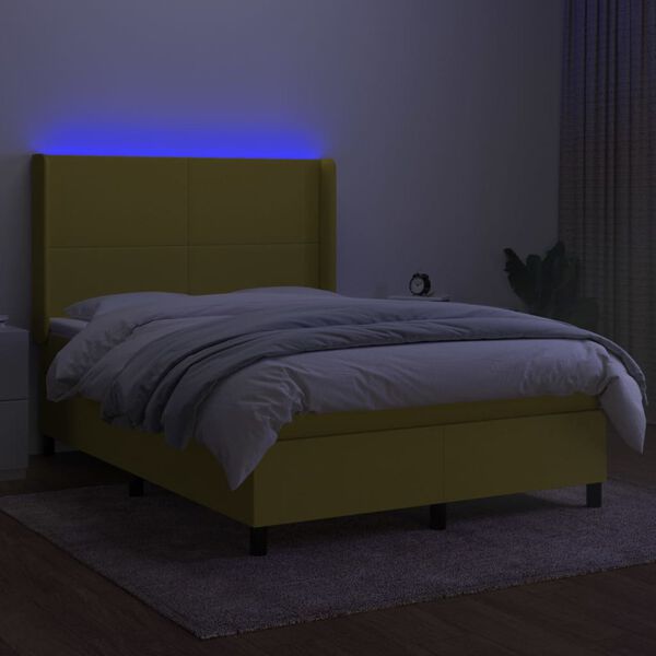 vidaXL Box spring postelja z vzmetnico LED zelena 140x200 cm blago