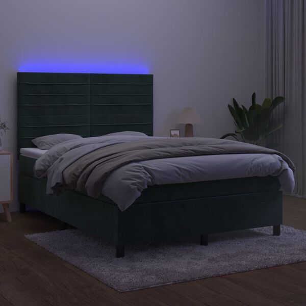vidaXL Box spring postelja z vzmetnico LED tem. zelena 140x190cm žamet