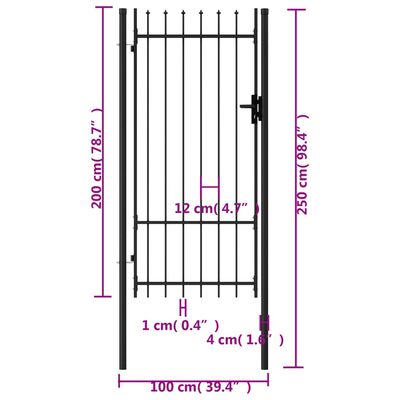 vidaXL Enojna vrata za ograjo koničasta jeklo 1x2 m črna