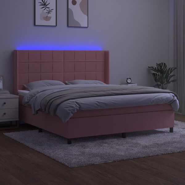 vidaXL Box spring postelja z vzmetnico LED roza 160x200 cm žamet